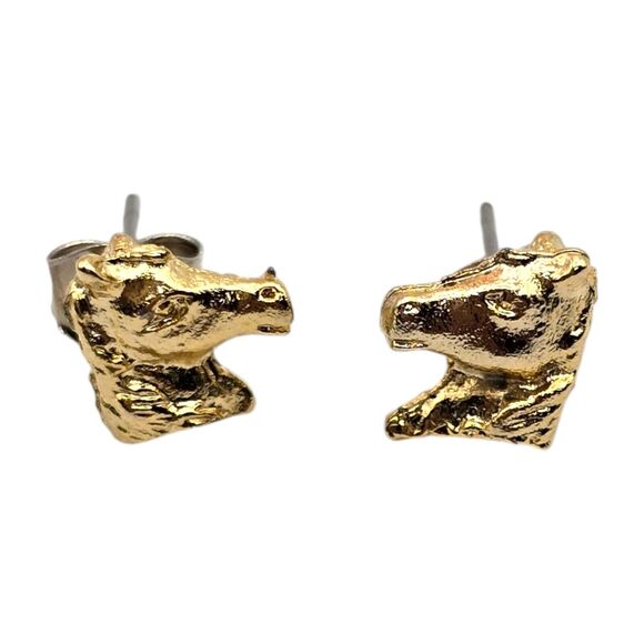 Pierced Dainty Horse Face Earrings Minimalist Small Studs Gold Tone Western - Picture 1 of 9